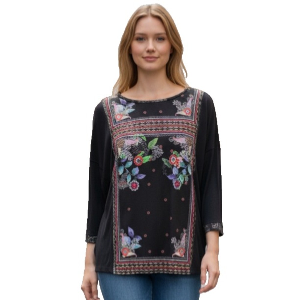Desigual Beaded Knit Top‎ womens Small Floral Stretch 3/4 Sleeve